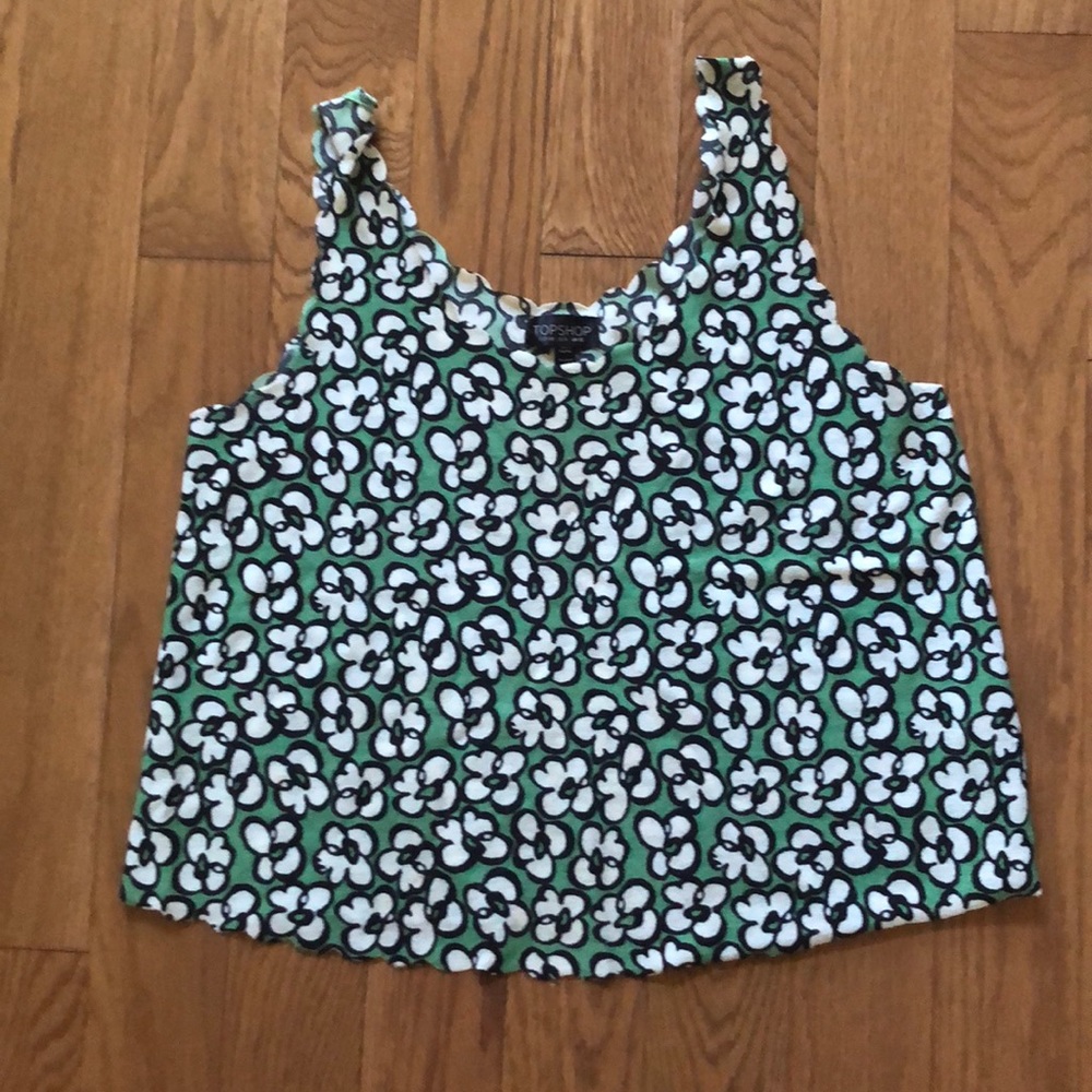 Topshop green, navy, & cream floral scalloped tank